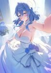  1girl ako_(blue_archive) alternate_costume blue_archive blue_eyes blue_flower blue_hair blue_halo blush breasts cleavage commentary flower grin hair_between_eyes halo highres large_breasts long_hair smile solo yampa 