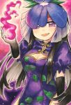 1girl black_gloves black_hair breasts china_dress chinese_clothes cleavage dress fire flower flower_on_head gloves grape_print highres long_hair looking_at_viewer maa_(forsythia1729) marker_(medium) puffy_short_sleeves puffy_sleeves purple_dress purple_eyes short_sleeves solo touhou traditional_media yomotsu_hisami 