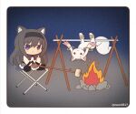  1girl 1other akemi_homura animal_ears black_hair campfire cat_ears cat_tail chibi fire food kyubey long_hair magical_girl mahou_shoujo_madoka_magica mahou_shoujo_madoka_magica_(anime) marshmallow purple_eyes restrained sitting tail yuno385 