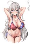  1girl ahoge alternate_costume american_flag american_flag_bikini american_flag_print armpits arms_behind_head bikini blush breasts cleavage collarbone cropped_legs flag_print grey_eyes grey_hair hair_between_eyes highres kantai_collection large_breasts long_hair looking_at_viewer navel one-hour_drawing_challenge parted_lips print_swimsuit side-tie_bikini_bottom solo swimsuit tears tf_cafe twitter_username very_long_hair washington_(kancolle) white_background 