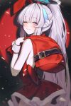  1girl blue_archive blush closed_mouth cowboy_shot grey_hair halo highres holding holding_sack long_hair looking_at_viewer mechanical_halo noa_(blue_archive) one_eye_closed orecalc3092 ponytail purple_eyes sack santa_costume smile solo 