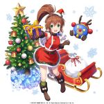  1girl :d box breasts brown_hair christmas christmas_tree dress full_body fur-trimmed_dress fur-trimmed_headwear fur_trim gift gift_box gloves green_eyes hat hyuuga_azuri long_hair looking_at_viewer official_art open_mouth ponytail precis_neumann red_headwear santa_dress santa_hat second-party_source skirt smile star_ocean star_ocean_anamnesis star_ocean_the_second_story white_background 
