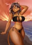 2023 anthro beach big_breasts bikini biped black_bikini black_clothing black_eyewear black_glasses black_swimwear breasts brooke_lawrence brown_eyes cheek_tuft clothed clothing cloud countershade_face countershade_fur countershade_torso countershading digital_media_(artwork) eyebrows eyelashes eyewear facial_tuft felid female fur glasses grey_hair hair hand_behind_head hi_res kbart lion looking_at_viewer mammal navel pantherine pink_nose round_glasses sand sea seaside seductive shaded side-tie_bikini smile solo string_bikini sunset swimwear tail tuft water yellow_sclera