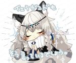  1girl animal_ear_fluff animal_ears arknights artist_name bell blush braid closed_eyes closed_mouth commentary_request grey_hair holding holding_bell itsuki_02 leopard_ears leopard_girl leopard_tail own_hands_together pramanix_(arknights) side_braids solo tail translation_request twin_braids twitter_username 