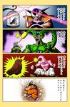  4koma bird black_hair black_sclera bruise cage cell_(dragon_ball) chocolate comic dragon_ball dragon_ball_z energy_ball energy_beam error frieza highres horns injury long_hair majin_buu red_eyes sharp_teeth shinomiya_akino slit_pupils smoke stinger tail teeth torn_clothes translation_request trembling yamcha yamcha_pose 