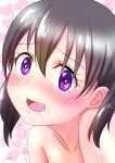  1girl absurdres after_sex bare_shoulders black_hair blush check_commentary close-up collarbone commentary commentary_request drooling eyelashes hair_between_eyes heart heart-shaped_pupils heart_background highres kuraue_hinata looking_at_viewer motion_lines open_mouth pink_background purple_eyes saliva short_hair signature smile soda_mizu sweat symbol-shaped_pupils topless twintails yama_no_susume 