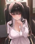  1girl black_hair black_halo blue_archive breasts bright_pupils cleavage halo large_breasts long_hair long_sleeves looking_at_viewer melt_(melt_out1) red_eyes rio_(blue_archive) shirt sitting solo white_pupils white_shirt 