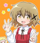  2girls :d black_ribbon blonde_hair blush brown_eyes brown_hair chibi chibi_inset collared_shirt commentary_request dress hair_between_eyes hair_ornament hands_up happy hidamari_sketch long_sleeves looking_at_viewer medium_hair miyako_(hidamari_sketch) multiple_girls neck_ribbon open_mouth orange_background outline pinafore_dress red_dress ribbon school_uniform shirt simple_background sleeveless sleeveless_dress smile solo_focus split_mouth star_(symbol) upper_body v w white_outline white_shirt x_hair_ornament yamabuki_high_school_uniform yuno_(hidamari_sketch) yuu_kurema 