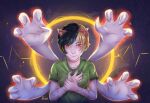 2019 abstract_background animal_humanoid black_hair blonde_hair breasts cat_humanoid circle_background clothed clothing curled_fingers energy felid felid_humanoid feline feline_humanoid female front_view glowing_arms grainy green_clothing green_shirt green_t-shirt green_topwear hair half-length_portrait hand_over_heart hi_res holding_chest holding_wrist humanoid inner_ear_fluff light_body light_skin looking_at_viewer magic mammal mammal_humanoid multi_arm multi_limb multicolored_hair orange_eyes orange_glow portrait reaching reaching_towards_viewer rizent shirt short_hair solo standing steam t-shirt tattoo topwear tribal tribal_tattoo tuft two_tone_hair