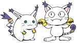  digimon digimon_(creature) fusion gloves meowth no_humans pikachu pokemon shiki_digi simple_background standing tail tail_ornament tail_ring tailmon white_background yellow_gloves 