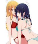  &gt;_&lt; 2girls back bikini blonde_hair blue_bikini blue_eyes blue_hair breasts cleavage collarbone gradient_hair highres hoshino_ruby kurokawa_akane kusana_(kusana47454281) long_hair looking_back low_ponytail medium_hair multicolored_hair multiple_girls open_mouth oshi_no_ko red_bikini simple_background swimsuit white_background 