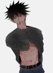  1boy absurdres belt black_hair black_pants black_shirt blush clothes_lift gojou_satoru green_eyes guilty_challenge_(meme) highres ita_mi_ng jujutsu_kaisen male_focus meme muscular muscular_male navel pants shirt shirt_lift short_hair solo spiked_hair stomach 