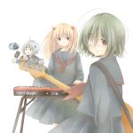  3girls ahoge album_cover band black_serafuku black_skirt blonde_hair clover_hair_ornament cover effects_pedal electric_guitar eyepatch green_hair grey_hair guitar hair_bobbles hair_ornament holding holding_instrument instrument jishou_imouto_(watashi_no_koko) kenban_musume_(watashi_no_koko) keyboard_(instrument) lala_(watashi_no_koko) matsuda_hikari multiple_girls music official_art orange_eyes playing_instrument pleated_skirt red_eyes school_uniform serafuku short_hair skirt twintails watashi_no_koko yellow_eyes 