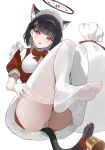  1girl alternate_hair_length alternate_hairstyle animal_ears bell black_hair blue_archive blush cat_ears cat_tail gloves highres kagemoe1003 rio_(blue_archive) sack santa_costume short_hair short_sleeves solo tail white_gloves 