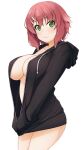  1girl black_jacket blush breasts cleavage closed_mouth collarbone commentary_request cowboy_shot fang green_eyes hands_in_pockets hinata_masaki hood hooded_jacket jacket large_breasts long_sleeves naked_jacket open_clothes open_jacket original red_hair short_hair simple_background solo standing thighs white_background 