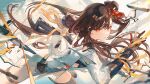  1girl armor brown_hair chinese_clothes floating_hair girls&#039;_frontline girls&#039;_frontline_2:_exilium glass_shards gun hair_ornament highres long_hair looking_at_viewer orange_eyes parted_lips qbz-191 qbz-191_(girls&#039;_frontline) rifle satsuya shoulder_armor solo weapon 