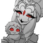anthro avian avian_demon bird child crescent_moon demon duo female hair helluva_boss hi_res holding_another holding_child long_hair looking_at_viewer male moon mother_(lore) mother_and_child_(lore) mother_and_son_(lore) owl owl_demon parent_(lore) parent_and_child_(lore) parent_and_son_(lore) queen_octavia_(teathekook) red_eyes short_hair simple_background smile son_(lore) stolas_(helluva_boss) teathekook white_background young