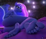 3d_(artwork) anthro anthrofied blue_body blue_feathers butt clothing digit_ring digital_media_(artwork) equid equine feathers feet female foot_focus friendship_is_magic hasbro hi_res horn jewelry looking_back lying mammal my_little_pony on_side princess_luna_(mlp) ring shadowboltsfm solo thong toe_ring toes underwear winged_unicorn wings