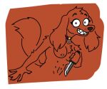 anthro big_ears bird_dog canid canine canis cherry_(housebroken) domestic_dog female floppy_ears humanoid hunting_dog irish_setter knife looking_at_viewer looking_back looking_back_at_viewer mammal red_body setter solo sowedidit teeth teeth_showing