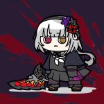  1girl arms_at_sides assault_lily black_background black_capelet black_flower black_footwear black_gloves black_hairband black_sailor_collar black_serafuku black_skirt blood blood_splatter blunt_bangs blush boots capelet chibi commentary flower gloves grey_hair hair_flower hair_ornament hairband half-closed_eyes heterochromia highres holding holding_sword holding_weapon konpeitoull_(c12h22o11_tr_6) kou_no_hana long_hair long_sleeves looking_at_viewer low_ponytail miniskirt neckerchief pantyhose parted_lips ponytail purple_flower purple_pantyhose red_eyes sailor_collar school_uniform serafuku skirt solo standing sword weapon white_neckerchief yellow_eyes 