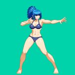  1girl abs aoi_ship bare_shoulders bikini blue_eyes breasts cleavage earrings jewelry large_breasts leona_heidern long_hair muscular muscular_female pixel_art ponytail simple_background snk solo swimsuit the_king_of_fighters 