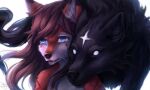 2023 ambiguous_gender anthro black_body black_fur black_nose blue_eyes bodily_fluids brown_hair brown_nose canid canine canis cheek_to_cheek cheek_tuft crying dipstick_ears duo empty_eyes facial_markings facial_tuft feral flowing_hair forehead_markings fox front_view fur hair head_markings inner_ear_fluff long_hair mammal markings multicolored_ears nuzzling orange_body orange_fur pupils rizent sad simple_background slit_pupils tears tuft white_background white_body white_eyes white_fur wolf