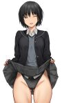  1girl ;d amagami ass_visible_through_thighs black_eyes black_hair black_one-piece_swimsuit blush bob_cut breasts cameltoe clothes_lift commentary_request competition_swimsuit cowboy_shot highres jacket kibito_high_school_uniform long_sleeves looking_at_viewer medium_breasts nanasaki_ai one-piece_swimsuit one_eye_closed school_uniform serizawa_(serizawaroom) shirt short_hair simple_background skirt skirt_lift smile solo swimsuit swimsuit_under_clothes thighs 