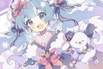  1girl :d blue_gloves fur-trimmed_kimono fur_trim gloves glowing_snowflake hair_ornament hatsune_miku headdress highres japanese_clothes kimono komano_shia musical_note musical_note_hair_ornament rabbit smile snowflake_ornament upper_body vocaloid yuki_miku yuki_miku_(2023) 