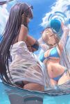  2girls alternate_costume arms_up ass asuna_(blue_archive) back ball bare_shoulders beachball bikini black_bikini black_hair blue_archive blue_bikini blue_eyes blue_ribbon blue_sky blush breasts choker cleavage commentary_request dark-skinned_female dark_skin eyewear_on_head grin hair_over_one_eye hair_ribbon halo highres karin_(blue_archive) large_breasts light_brown_hair long_hair long_sleeves looking_at_viewer looking_back multiple_girls navel off_shoulder open_clothes open_shirt ribbon shirt sideboob silver_bullet_(ecc12_8) sky smile sunglasses swimsuit thigh_strap thighs underboob very_long_hair wading water wet white_shirt yellow_eyes 