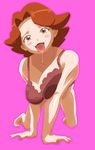  1girl all_fours blush bra breasts brown_eyes brown_hair cleavage large_breasts looking_at_viewer milf mizuho_(pokemon) nakaba naughty_face pokemon saliva short_hair simple_background tongue tongue_out underwear 