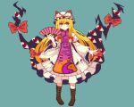  1girl blonde_hair blue_background boots bow brown_footwear dress extra_eyes frilled_dress frilled_hat frilled_sleeves frills full_body gap_(touhou) hair_bow hand_fan hat hat_ribbon holding holding_fan kaaaarin long_hair mob_cap orange_eyes perfect_cherry_blossom pixel_art red_bow red_eyes red_ribbon ribbon sidelocks smile solo standing tabard touhou trigram white_dress white_headwear wide_sleeves yakumo_yukari yin_yang yin_yang_print 