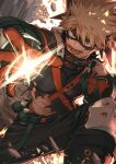  1boy abs bakugou_katsuki black_bodysuit blonde_hair blood bodysuit boku_no_hero_academia brown_eyes building city explosive eye_mask gloves green_gloves grenade highres knee_pads male_focus open_mouth orange_gloves outdoors short_hair solo spiked_hair sweat torn_bodysuit torn_clothes tsukota two-tone_gloves 