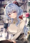  ahoge arm_between_legs bell black_thighhighs blue_hair blurry blurry_background bow bra_visible_through_clothes bralines breasts casual christmas closed_mouth contemporary cup ganyu_(genshin_impact) genshin_impact gyozanuko hair_bow high-waist_skirt highres horns jewelry long_hair long_sleeves looking_at_viewer medium_breasts miniskirt mug necklace pencil_skirt purple_eyes sidelocks sitting skirt smile sweater taut_sweater thighhighs turtleneck turtleneck_sweater zettai_ryouiki 