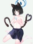  1girl animal_ears areola_slip black_eyes black_hair black_skirt blue_archive blue_halo breasts cat&#039;s_cradle cat_ears cat_tail closed_mouth grey_eyes halo highres kikyou_(blue_archive) medium_breasts multiple_tails pleated_skirt short_hair signature simple_background skirt socks solo tail teeth_bro topless two_tails white_socks 