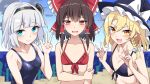  3girls :d aqua_eyes beach bikini black_bikini black_hairband black_headwear black_one-piece_swimsuit blonde_hair blush bow braid breasts collarbone commentary_request double_w e.o. frilled_bikini frilled_bow frilled_hair_tubes frills grey_hair hair_bow hair_tubes hairband hakurei_reimu hat kirisame_marisa konpaku_youmu long_hair looking_at_viewer multiple_girls ocean one-piece_swimsuit open_mouth red_bikini red_eyes short_hair single_braid small_breasts smile swimsuit tears touhou upper_body w witch_hat yellow_eyes 