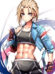  1girl abs black_gloves black_sports_bra blonde_hair blue_eyes blue_jacket cammy_white clenched_hand clenched_teeth commentary_request cropped_jacket forehead gloves hair_slicked_back jacket pants pepushi_drow scar scar_on_face sleeves_rolled_up sports_bra street_fighter street_fighter_6 sweatpants teeth toned yoga_pants 