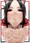  1girl absurdres animal_ear_fluff animal_ears artist_name black_border black_choker black_hair border cat_ears choker closed_mouth cum cupping_hands excessive_cum facial fake_animal_ears hands_up highres kaguya-sama_wa_kokurasetai_~tensai-tachi_no_renai_zunousen~ looking_at_viewer own_hands_together parted_bangs red_border red_eyes shinomiya_kaguya smile solo tomodachi_(tomofanart) white_background 