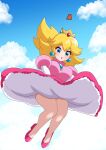  1girl bare_legs blonde_hair blue_brooch blue_sky blush breasts clothes_lift cloud cloudy_sky crown dooon_chaaan double-parted_bangs dress dress_lift earrings elbow_gloves gloves high_heels highres jewelry large_breasts long_hair mario_(series) pink_dress pink_footwear princess princess_peach puffy_short_sleeves puffy_sleeves short_sleeves sky solo sphere_earrings upskirt white_gloves 