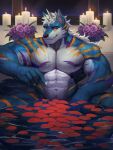 abs absurd_res anthro biceps black_nose blue_body blue_eyebrows blue_fur blue_tail candle claws eyebrows flower fur hair hi_res horn kult2k looking_at_viewer male markings muscular muscular_anthro muscular_male navel orange_eyes orange_markings pecs petals plant purple_markings rose_petals sitting_in_water solo tail tuft water wet white_body white_claws white_fur white_hair white_horn