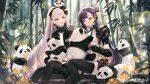  2girls ak-alfa_(girls&#039;_frontline) animal animal_on_head armor bamboo bamboo_forest black_hair black_pantyhose black_thighhighs earrings flower forest girls&#039;_frontline girls&#039;_frontline_2:_exilium hair_ornament highres holding holding_animal jewelry long_hair multiple_girls nature on_head open_mouth orange_eyes panda pantyhose parted_lips qbz-191_(girls&#039;_frontline) senryoko shoulder_armor single_earring sitting smile thighhighs weibo_username white_hair 