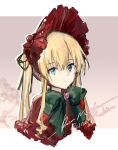  1girl blonde_hair blue_eyes bonnet bow bowtie capelet closed_mouth drill_hair flower green_bow green_bowtie hair_between_eyes hair_ribbon highres lolita_fashion long_hair pink_flower pink_rose red_capelet red_headwear ribbon rond_g rose rozen_maiden shinku solo twintails upper_body 