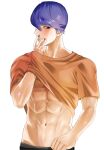  1boy abs belt black_pants blue_eyes blush clothes_lift guilty_challenge_(meme) hair_over_one_eye highres leviathan_(obey_me!) male_focus meme muscular muscular_male navel obey_me!:_one_master_to_rule_them_all! obm_yuuki orange_shirt pants purple_hair shirt shirt_lift short_hair solo stomach 