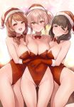  3girls bare_legs blush bow bowtie breasts cleavage collarbone covered_navel detached_collar feet_out_of_frame fur-trimmed_headwear fur_trim hat highleg highleg_leotard highres hojo_karen hug idolmaster idolmaster_cinderella_girls jougasaki_mika leotard looking_at_viewer medium_breasts mk_(mod0) multiple_girls red_bow red_bowtie red_headwear red_leotard sakuma_mayu santa_hat smile strapless strapless_leotard 