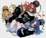  3girls ayahi_4 bare_shoulders barefoot black_choker black_headwear black_shirt blonde_hair blue_eyes blue_hair blue_skirt blush chain choker closed_mouth clothes_writing collarbone earth_(ornament) flying frills gold_chain hair_between_eyes hand_on_own_face hand_up hat hecatia_lapislazuli hecatia_lapislazuli_(earth) hecatia_lapislazuli_(moon) highres looking_at_another looking_at_viewer medium_hair miniskirt moon_(ornament) multiple_girls multiple_persona off-shoulder_shirt off_shoulder open_mouth plaid plaid_skirt red_eyes red_hair red_skirt shirt short_sleeves simple_background skirt smile t-shirt tongue touhou underworld_(ornament) white_background yellow_eyes yellow_skirt 