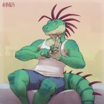 anthro bottomwear clothing green_body hector_(nawka) iguanid lizard male nawka reptile scalie shirt shorts tail tank_top topwear