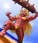  1girl abs artist_name beach biceps bikini blonde_hair blue_eyes club horns long_hair monster_girl muscle ogre oni open_mouth red_oni red_skin solo spiked_club strong swimsuit tattoo teeth weapon 