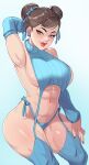  1girl abs absurdres arm_behind_head armpits blue_panties blue_sleeves blue_thighhighs bow bow_panties breasts brown_eyes brown_hair chun-li commentary detached_sleeves double_bun english_commentary eyeliner greenmarine hair_bun hair_ribbon halterneck highres large_breasts lipstick looking_at_viewer makeup mature_female navel no_bra panties red_lips red_nails revealing_clothes ribbed_legwear ribbon short_hair side-tie_panties sideboob solo street_fighter street_fighter_6 thick_thighs thighhighs thighs toned underwear virgin_destroyer_sweater 