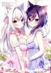  2girls :o absurdres ahoge aina_rive animal_ear_fluff animal_ears antenna_hair babydoll bare_shoulders blue_eyes blush breast_press breasts cat_ears cat_girl cat_tail cleavage closed_mouth collarbone double-parted_bangs frilled_babydoll frills hair_between_eyes hair_intakes hair_ornament heterochromia highres indoors large_breasts lingerie long_hair looking_at_viewer mauve multiple_girls neck_ribbon nightgown no_bra open_mouth original parted_lips pink_ribbon purple_eyes purple_hair purple_ribbon ribbon short_hair sidelocks smile symmetrical_docking tail translation_request underwear very_long_hair white_hair yellow_eyes 