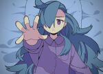  1girl ado_(utaite) blue_hair closed_mouth cloud_nine_inc collared_shirt commentary_request hair_over_one_eye ibara-chan ibara_(ado) long_hair long_sleeves looking_at_viewer lying official_art on_back pajamas purple_eyes purple_shirt reaching reaching_towards_viewer shirt solo tenteko_mai51 