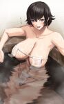  1girl areola_slip bikini breasts brown_hair collarbone covered_nipples earrings fiorayne_(monster_hunter) gachou jewelry large_areolae large_breasts looking_at_viewer monster_hunter_(series) monster_hunter_rise onsen open_mouth purple_eyes sitting smile solo swimsuit tongue wet wet_clothes white_bikini 